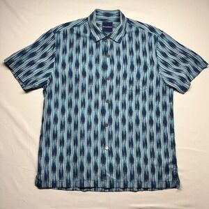 Tommy Bahama Mens Large Blue Ikat Stripe Silk Blend Short Sleeve Button Up Shirt